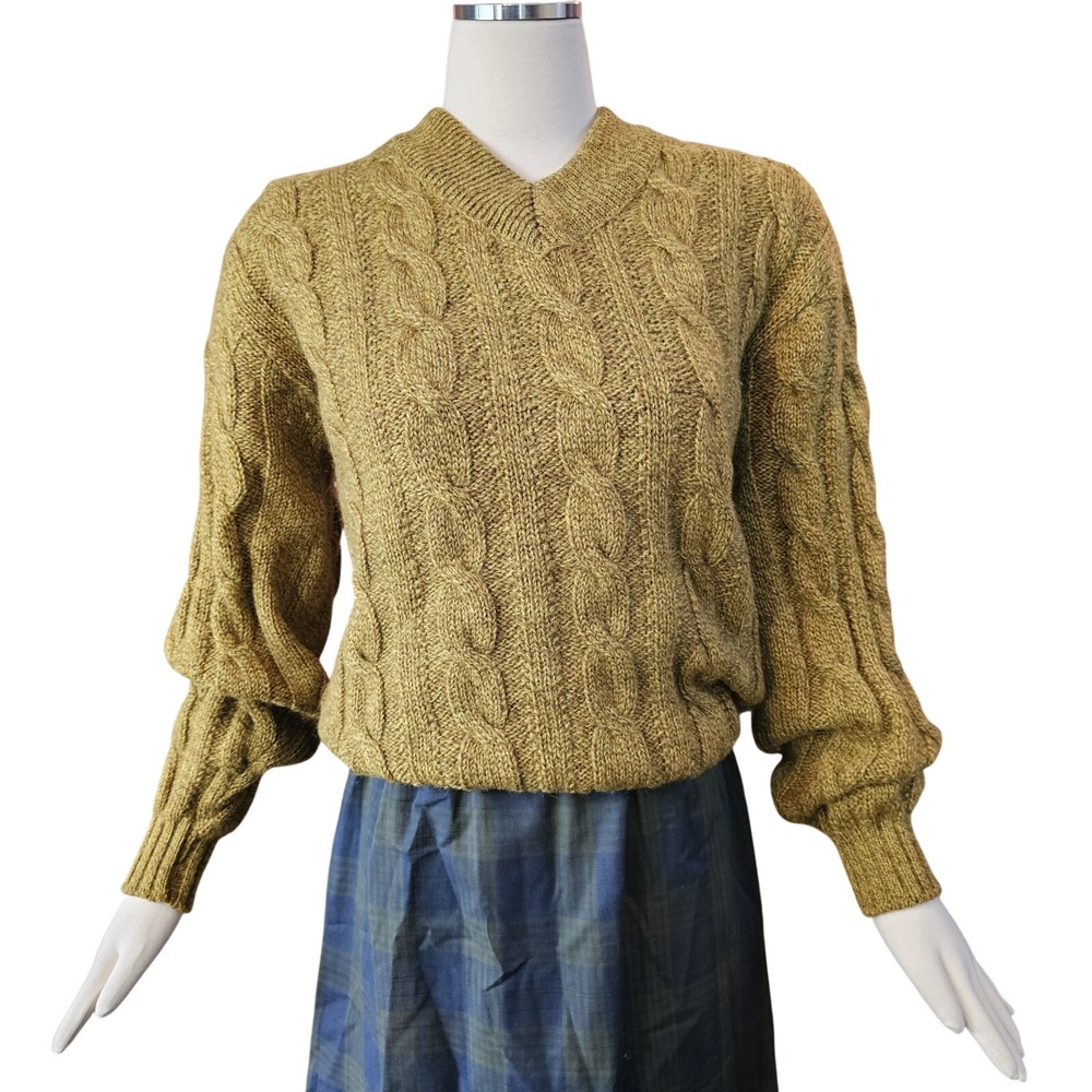 Vintage 1970s Sweater Pullover Cable Knit Mustard Yellow Wool Jantzen V-neckline - Picture 1 of 10